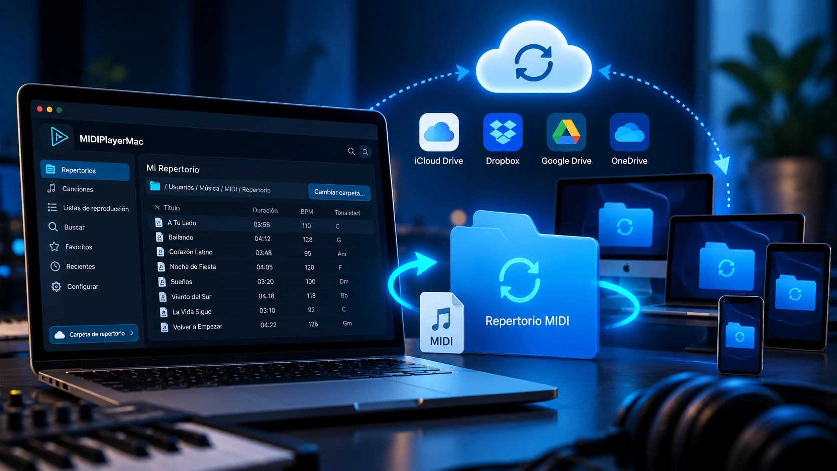 MIDIPlayerMac trabajando con un repertorio almacenado en una carpeta sincronizada