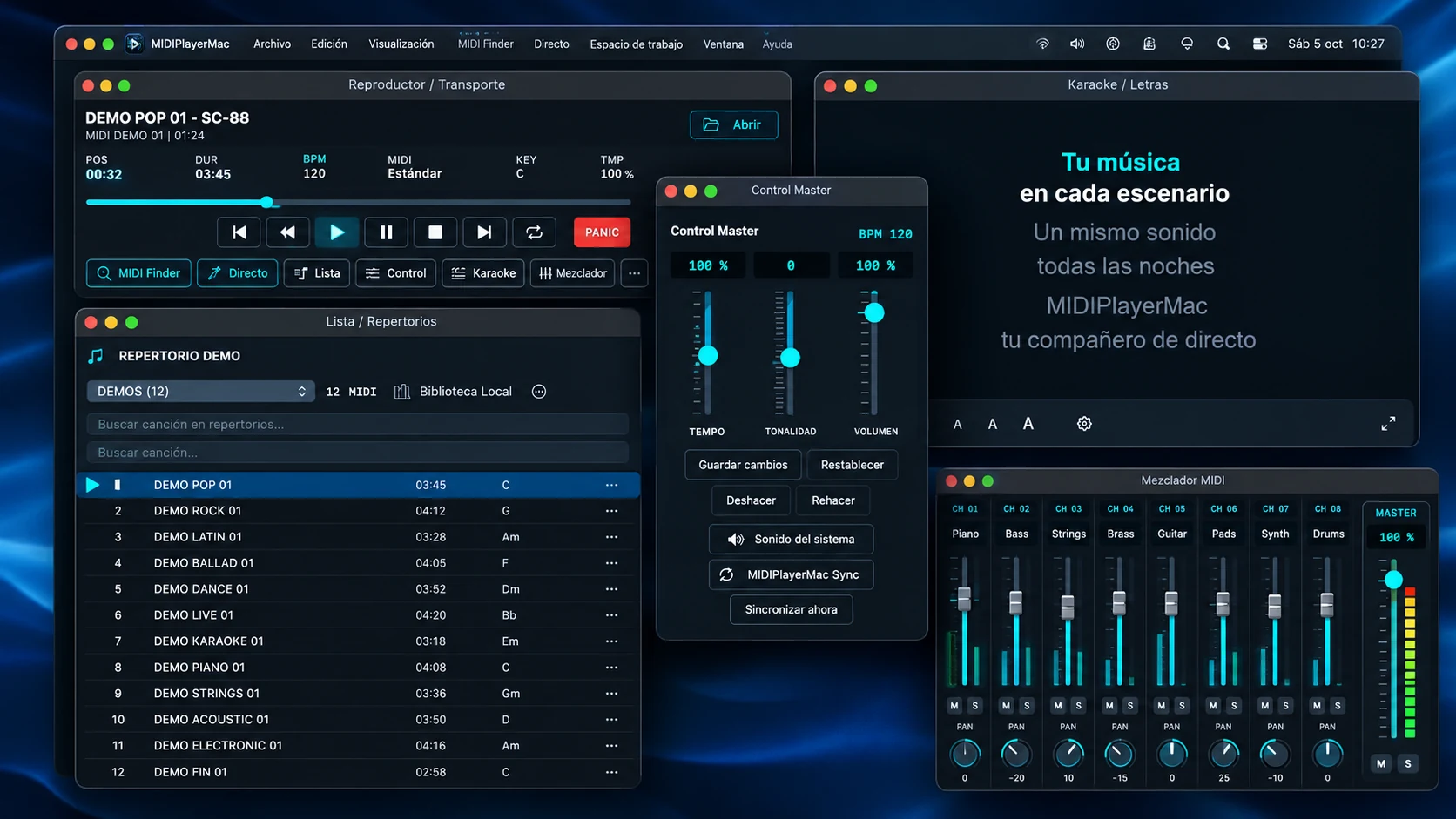 Composición promocional de MIDIPlayerMac con repertorio DEMO